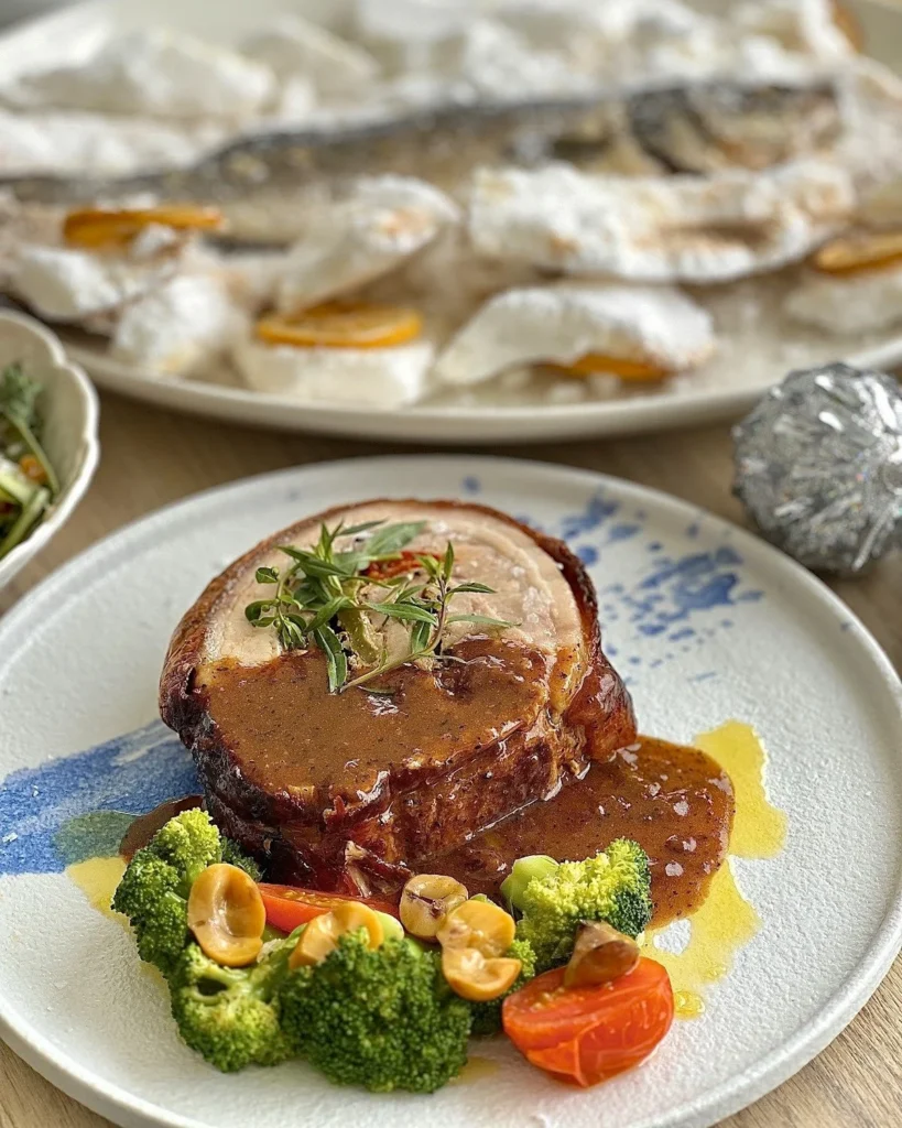 Pork Pancetta Roll with gravy and vegetables at Zorba The Greek Taverna Singapore